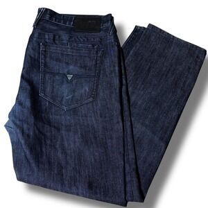 Guess Mens Holsted Fit Medium Rise Tapered Slim Dark Wash Indigo Jeans 38x32